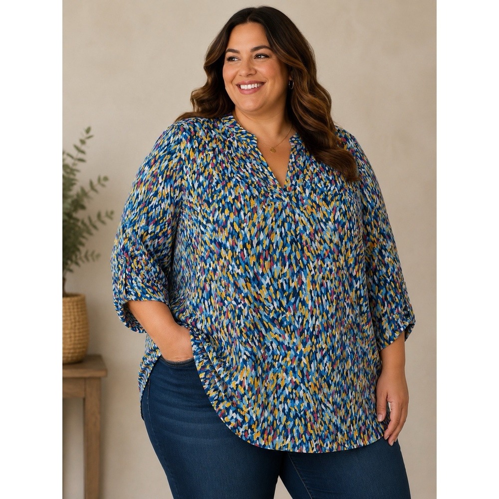 Dear Scarlett Plus Size Women's Top Blouse XL Will Fit A 1x Blue Yellow NWT